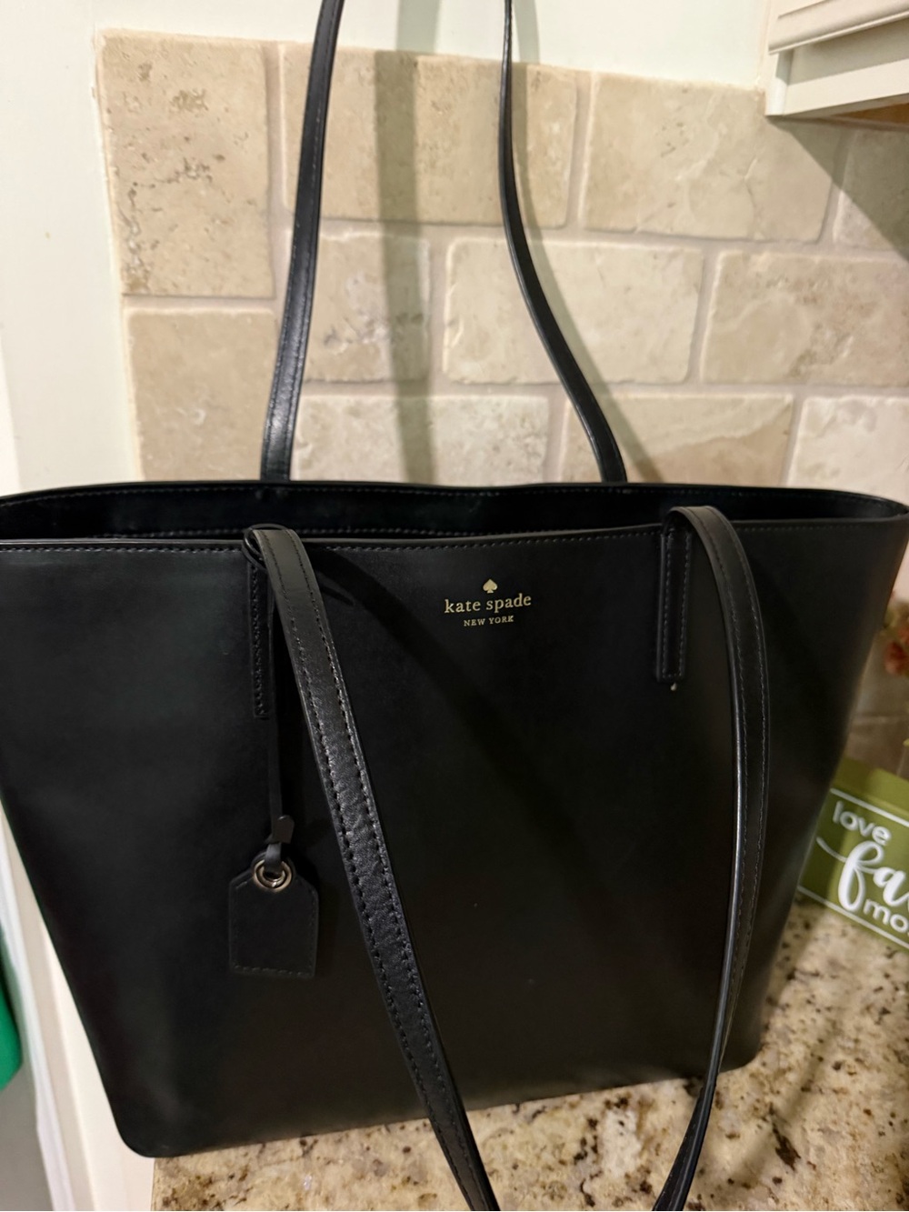 kate spade black leather tote with luggage tag - Picture 2 of 4